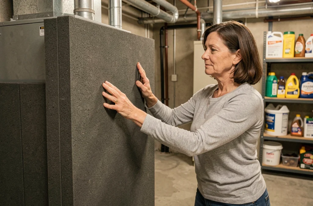 Femme installant des panneaux d'isolation acoustique autour d'un groupe intérieur de thermopompe dans une salle technique résidentielle