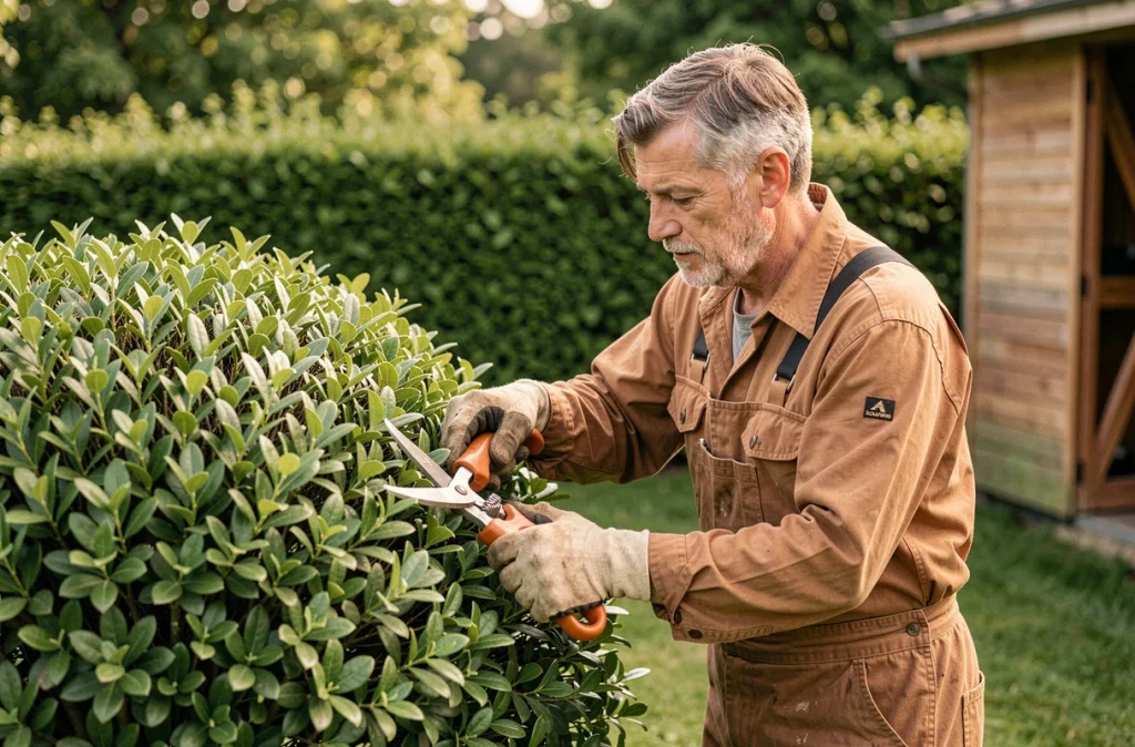 Jardinier professionnel taillant un arbuste persistant euonymus dans un jardin résidentiel