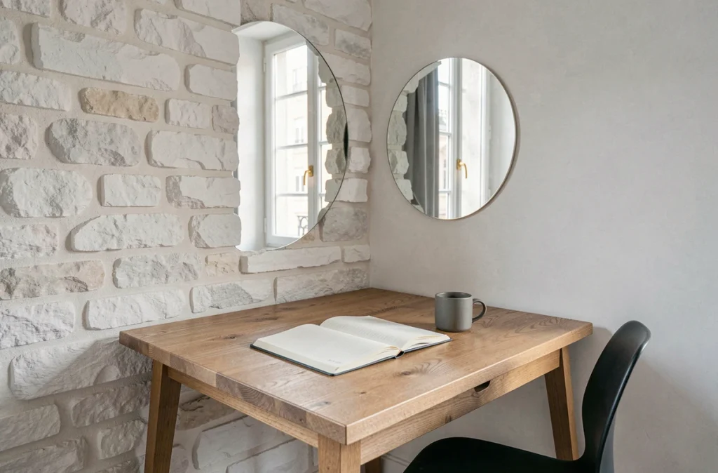 Bureau à domicile avec miroir circulaire réfléchissant la lumière naturelle sur un mur en pierre blanche dans un appartement parisien