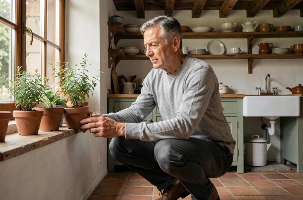 Homme arrangeant des plantes aromatiques sur un rebord de fenêtre dans une cuisine de ferme rénovée pour maximiser la lumière naturelle