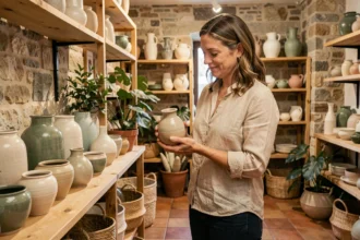 Femme inspectant des vases céramiques artisanaux dans un magasin de décoration à Lyon