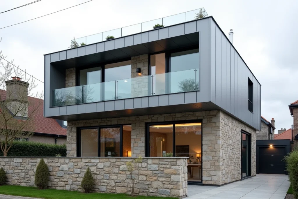 Maison avec surélévation terminée en zinc contrastant avec la façade en pierre d'origine et terrasse en toiture