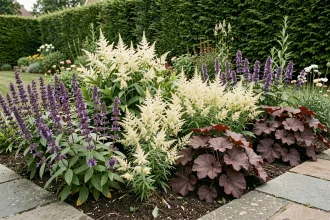 Massif de plantes vivaces en pleine floraison avec salvia, astilbe et heuchera dans un jardin aménagé