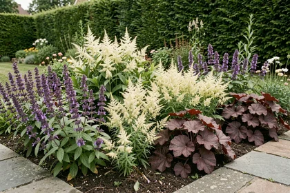 Massif de plantes vivaces en pleine floraison avec salvia, astilbe et heuchera dans un jardin aménagé