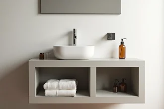 Meuble salle de bain en béton cellulaire avec rangements intégrés et vasque encastrée dans un cadre minimaliste