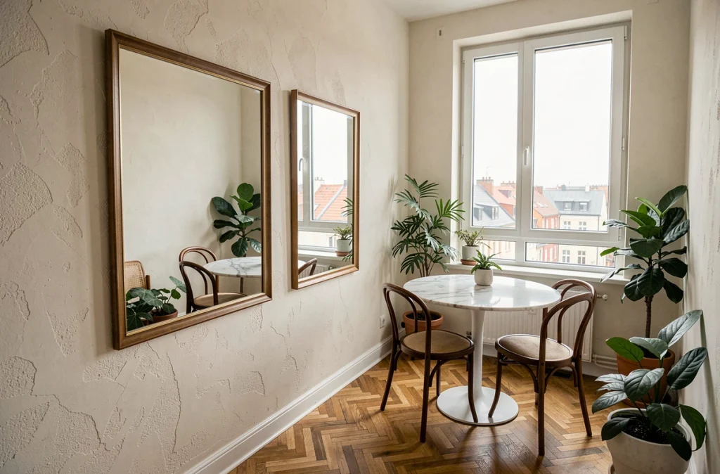 Deux miroirs encadrés sur un mur en plâtre agrandissant visuellement un salon compact avec table en marbre