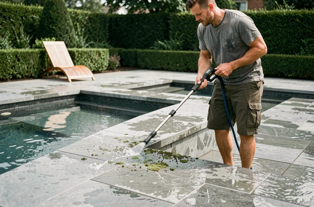 Homme utilisant un nettoyeur haute pression sur les margelles d'une piscine moderne