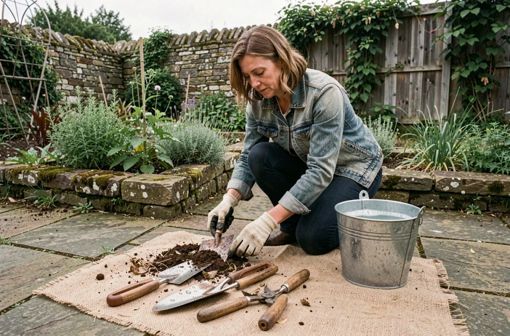 Femme nettoyant des outils de jardinage rouillés sur un patio en pierre avec un seau d'eau savonneuse et une toile de jute