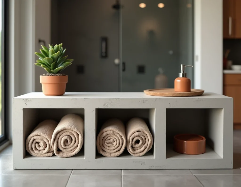 Niche de rangement en béton cellulaire dans une salle de bain avec serviettes et plante décorative