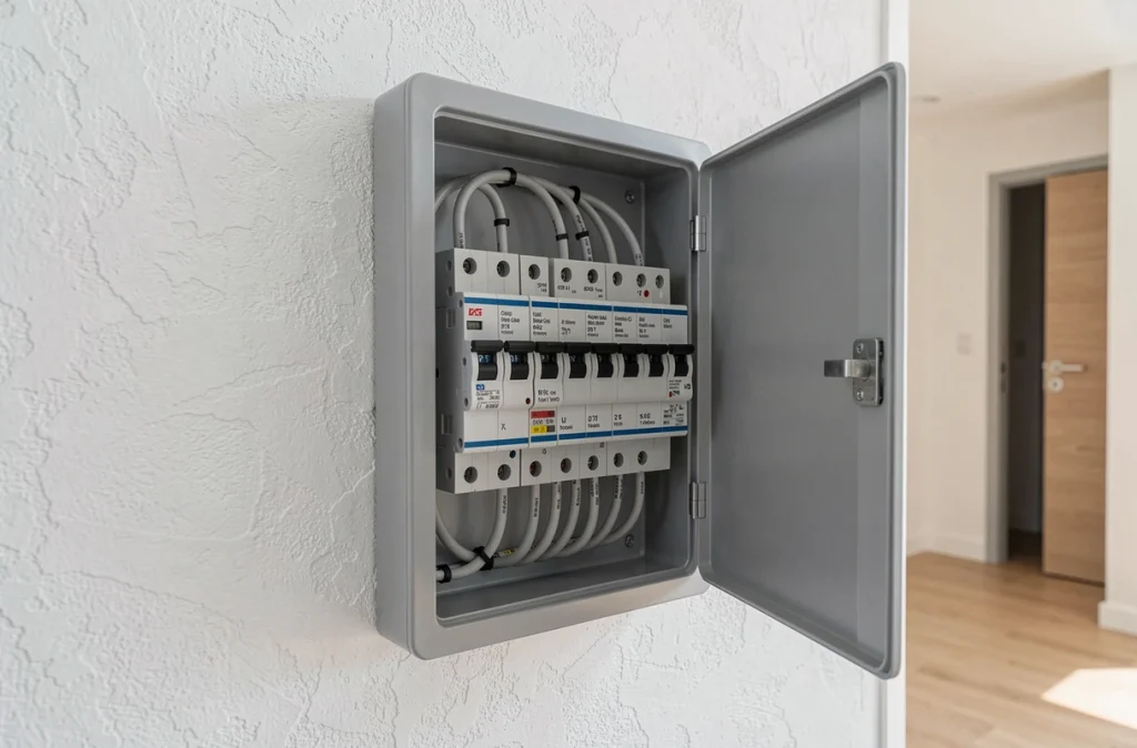 Nouveau tableau électrique moderne installé dans le couloir d'un appartement rénové