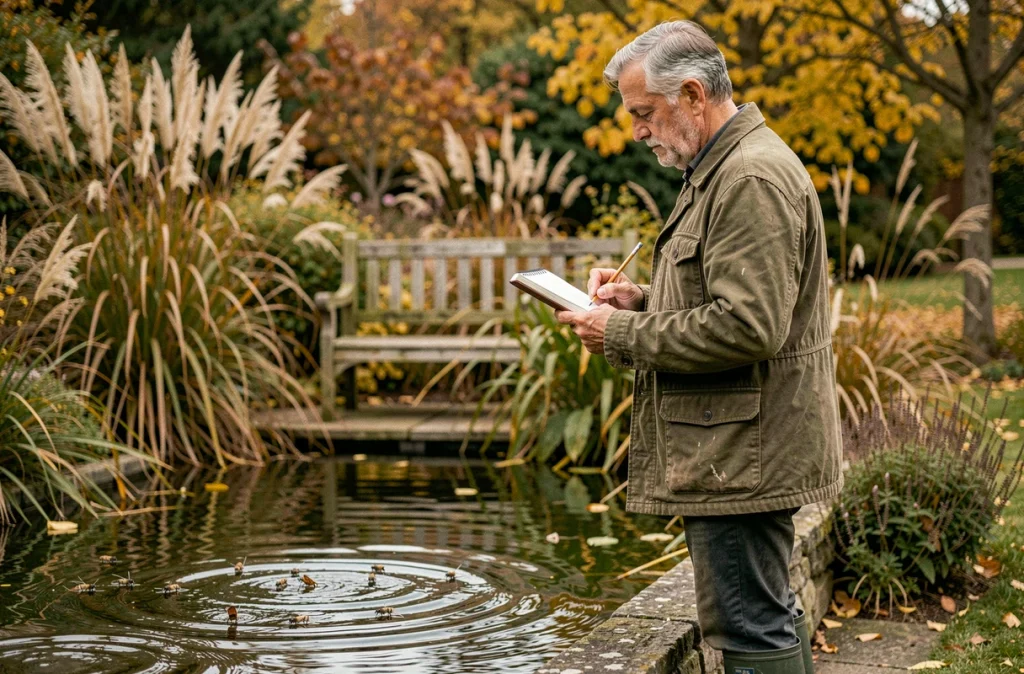 Homme observant la faune d'une mare naturelle mature dans un jardin de campagne en automne avec un carnet de terrain