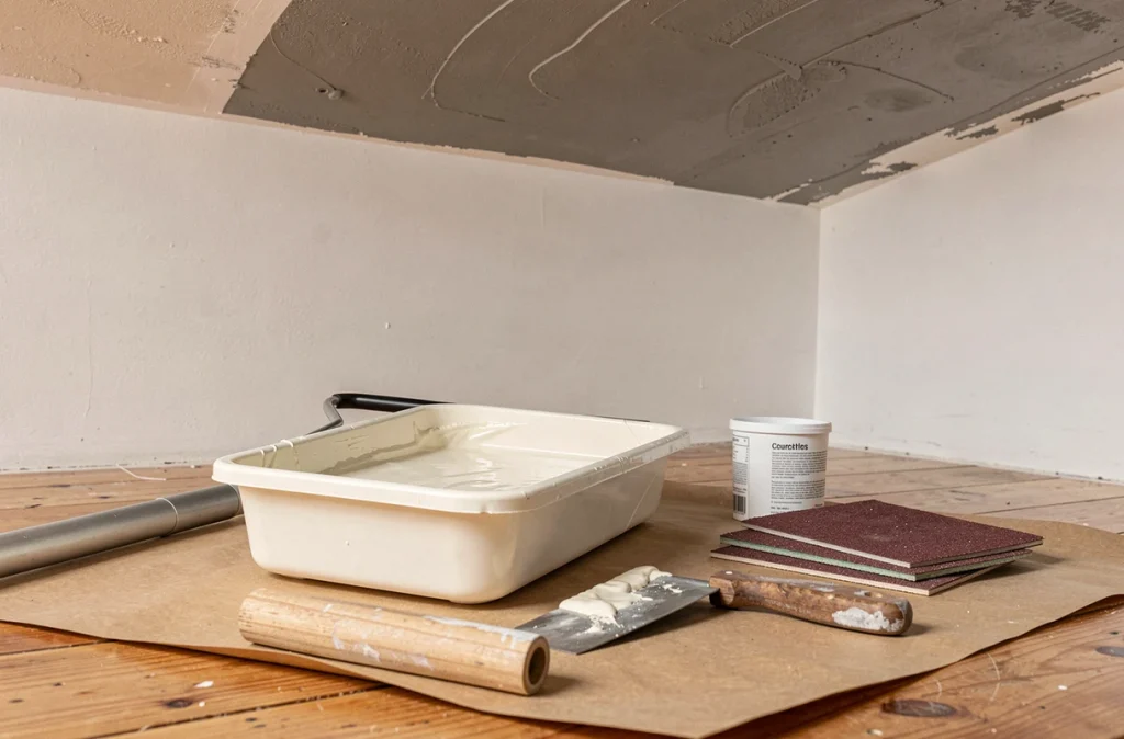 Gros plan sur les outils de peinture posés au sol en préparation pour peindre un plafond, incluant bac à peinture, rouleau et mastic