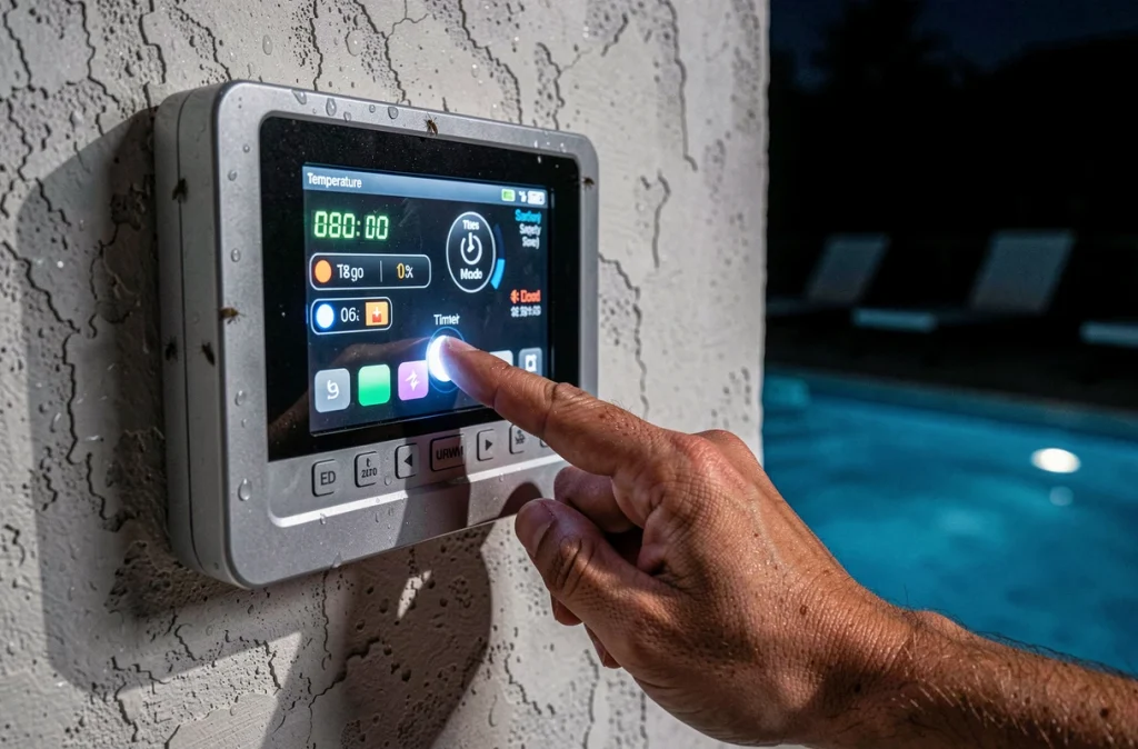 Panneau de commande numérique de piscine permettant de programmer l'éclairage LED et les paramètres de sécurité pour les baignades nocturnes