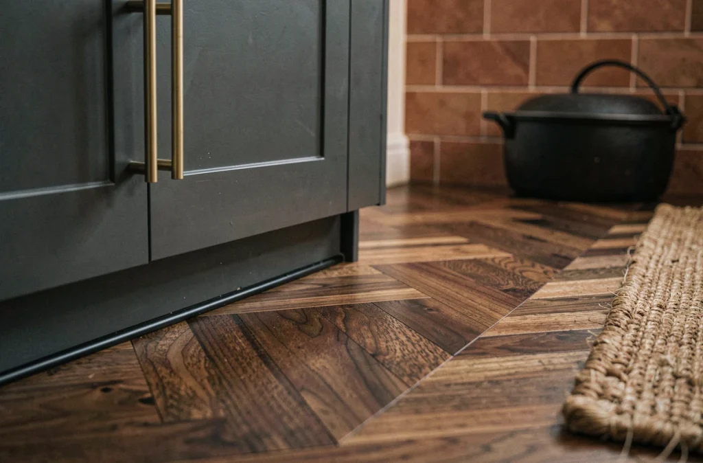 Parquet en chevron noyer foncé dans une cuisine au style mid-century avec meubles anthracite