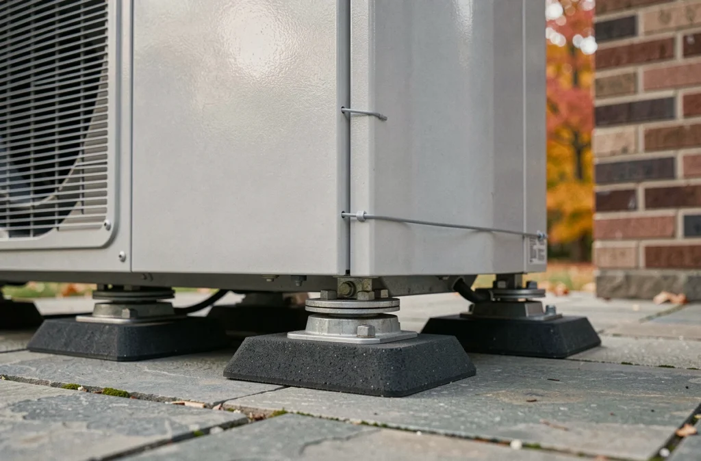 Gros plan sur les patins anti-vibration et les fixations d'une thermopompe IDS 2.0 posée sur un patio en pierre