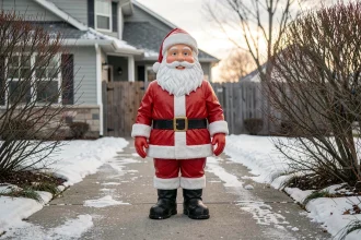 Grand père Noël décoratif en résine placé à l'entrée d'une allée extérieure enneigée devant une maison