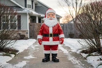 Grand père Noël décoratif en résine placé à l'entrée d'une allée extérieure enneigée devant une maison