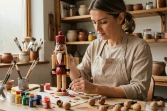 Femme peignant une figurine casse-noisette en bois personnalisée sur une table d'atelier artisanal à Noël