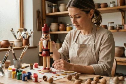 Femme peignant une figurine casse-noisette en bois personnalisée sur une table d'atelier artisanal à Noël