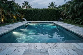 Piscine résidentielle éclairée la nuit par des LED sous-marines avec terrasse en pierre et haies naturelles pour baignade nocturne sécurisée