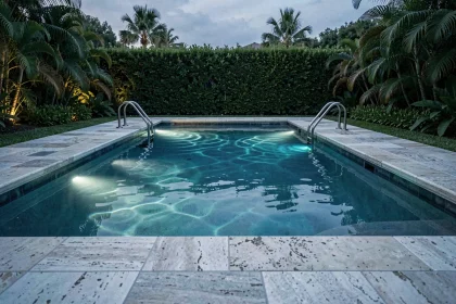 Piscine résidentielle éclairée la nuit par des LED sous-marines avec terrasse en pierre et haies naturelles pour baignade nocturne sécurisée