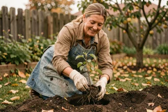 Femme jardinière plantant un jeune pommier dans un verger résidentiel en automne