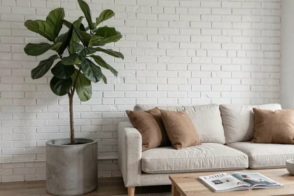 Plante artificielle grand format intégrée dans un salon moderne au style scandinave avec canapé en lin et mur en brique blanche