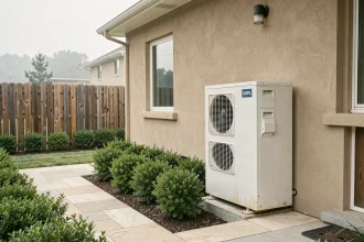 Pompe à chaleur installée en extérieur contre la façade d'une maison individuelle moderne avec jardin entretenu