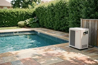 Pompe à chaleur pour piscine installée au bord d'un bassin extérieur dans un jardin résidentiel