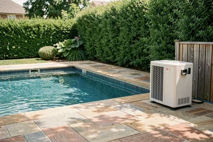 Pompe à chaleur pour piscine installée au bord d'un bassin extérieur dans un jardin résidentiel