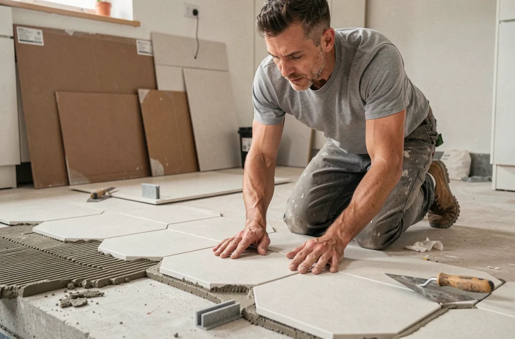 Carreleur professionnel posant des carreaux de ciment hexagonaux sur le sol d'une cuisine en rénovation