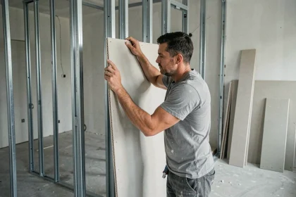 Ouvrier posant une plaque de placo sur une ossature métallique dans un appartement en cours de rénovation