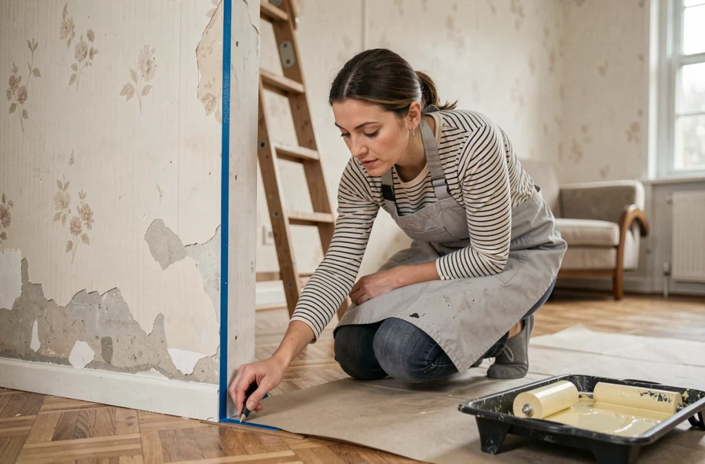 Femme posant du ruban de masquage bleu en préparation avant la peinture d'un plafond dans un salon en rénovation