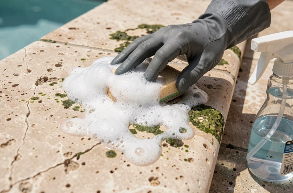 Gros plan d'une main gantée appliquant un produit nettoyant sur des margelles en calcaire