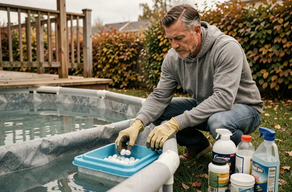 Homme ajoutant des produits hivernants chimiques dans une piscine hors-sol avant la fermeture hivernale