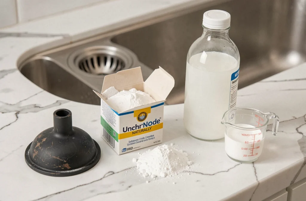 Produits naturels pour déboucher un évier : bicarbonate de soude, vinaigre blanc et ventouse posés sur un plan de travail en marbre