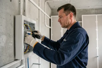 Électricien professionnel raccordant des fils électriques dans un tableau électrique neuf lors de la construction d'un logement