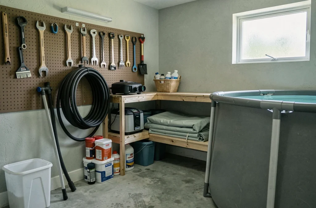 Rangement hivernal des accessoires de piscine hors-sol dans un garage avec pompe, filtre et produits chimiques