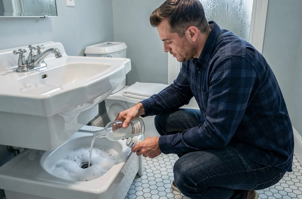 Homme utilisant du bicarbonate et du vinaigre blanc pour déboucher un évier de salle de bain avec une réaction moussante