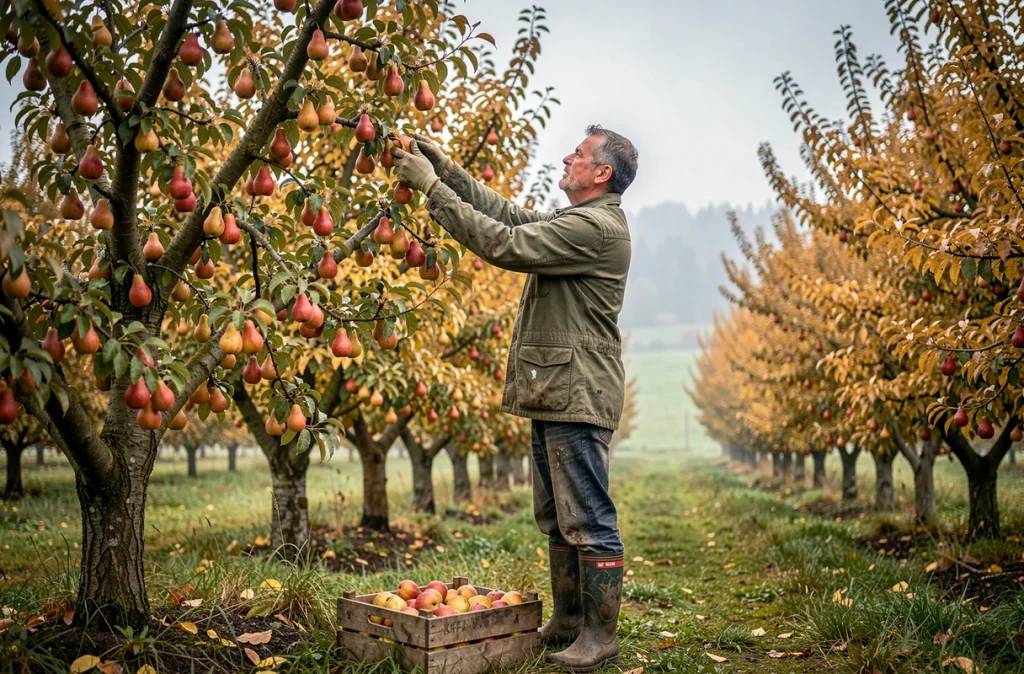 Agriculteur récoltant des poires mûres dans un verger de campagne en saison automnale