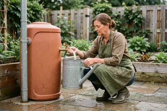 Femme remplissant un arrosoir depuis un récupérateur d'eau de pluie dans un jardin potager