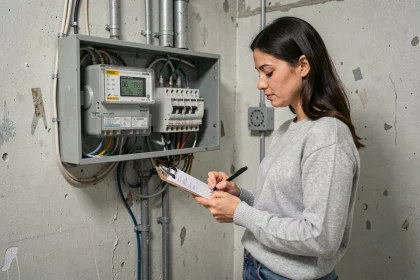 Femme notant le relevé de compteur électrique lors d'un déménagement dans une pièce technique