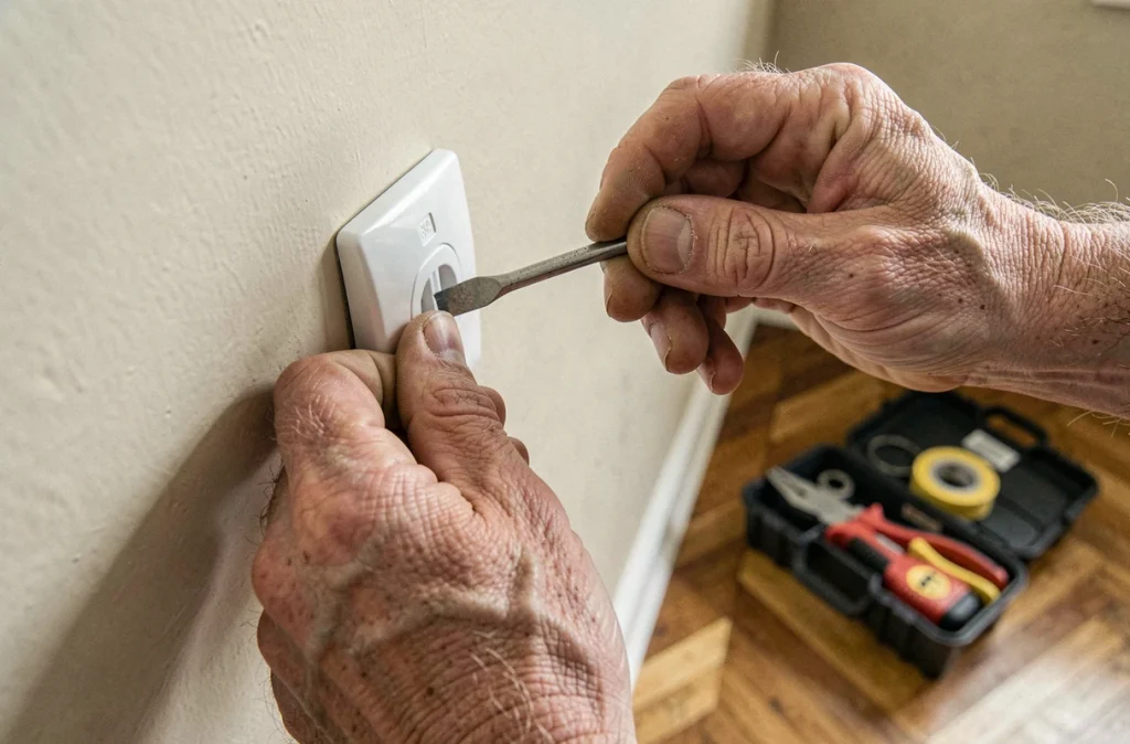 Gros plan sur la remise en place d'une prise électrique lors des travaux de fin de bail
