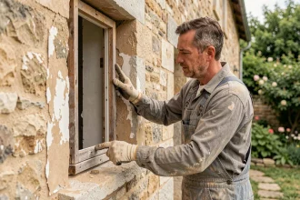 Artisan en combinaison de travail remplaçant une ancienne fenêtre en bois sur une maison en pierre pour améliorer l'isolation thermique