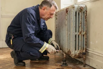 Plombier remplaçant le pied réglable usé d'un ancien radiateur en fonte dans un appartement traditionnel, sans vidanger l'installation