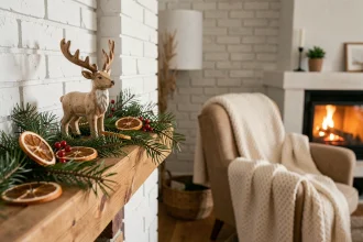 Décoration de Noël avec un renne en céramique sur une cheminée en bois entourée de branches de sapin et de tranches d'orange séchées dans un salon cosy de style scandinave