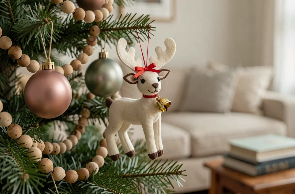 Renne en feutrine fait main suspendu à une branche de sapin de Noël avec un ruban rouge et une clochette dorée, décorations vintage en arrière-plan