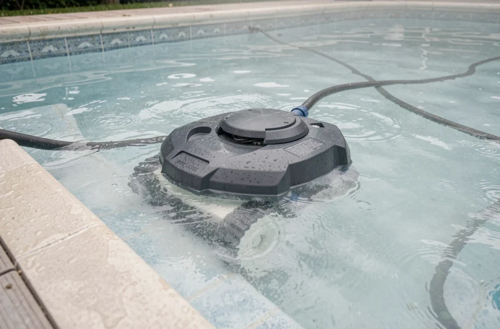 Robot nettoyeur de piscine immobilisé dans une eau trouble et laiteuse suite à un excès de clarifiant dans la piscine