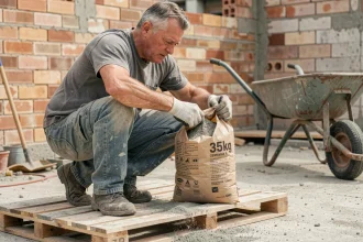 Ouvrier versant un sac de béton de 35kg sur un chantier de construction extérieur