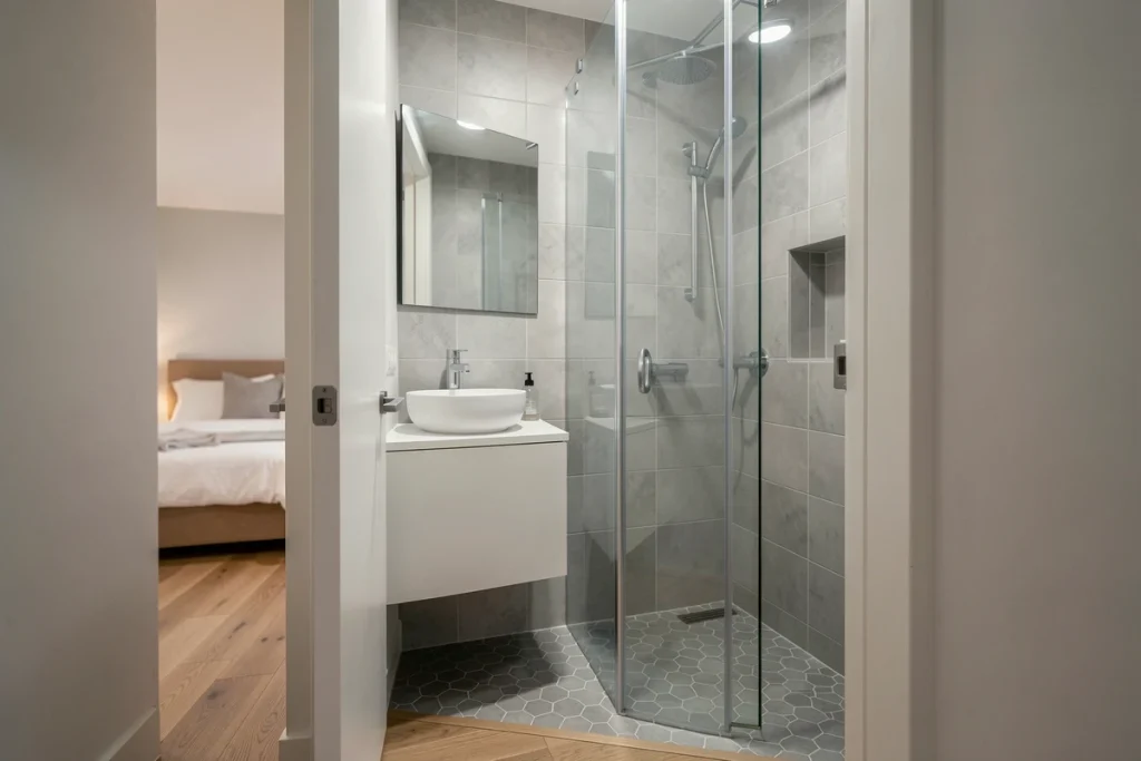 Salle de bain attenante à une suite parentale 15m2 avec douche à l'italienne, meuble vasque flottant et carrelage mosaïque